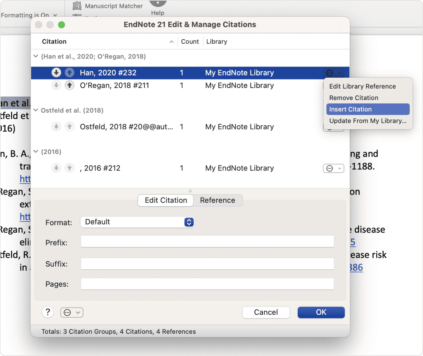EndNote's Edit and Manage Citations dialog